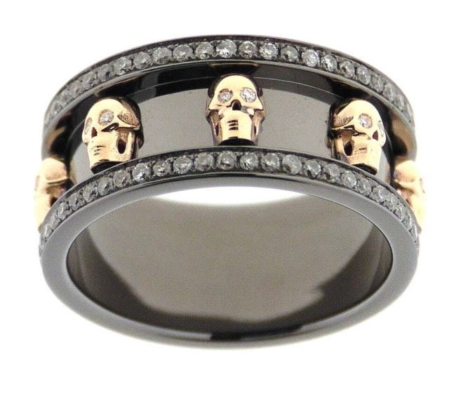 Teschio Black Rhodium Yellow Gold White Diamond Skull Ring