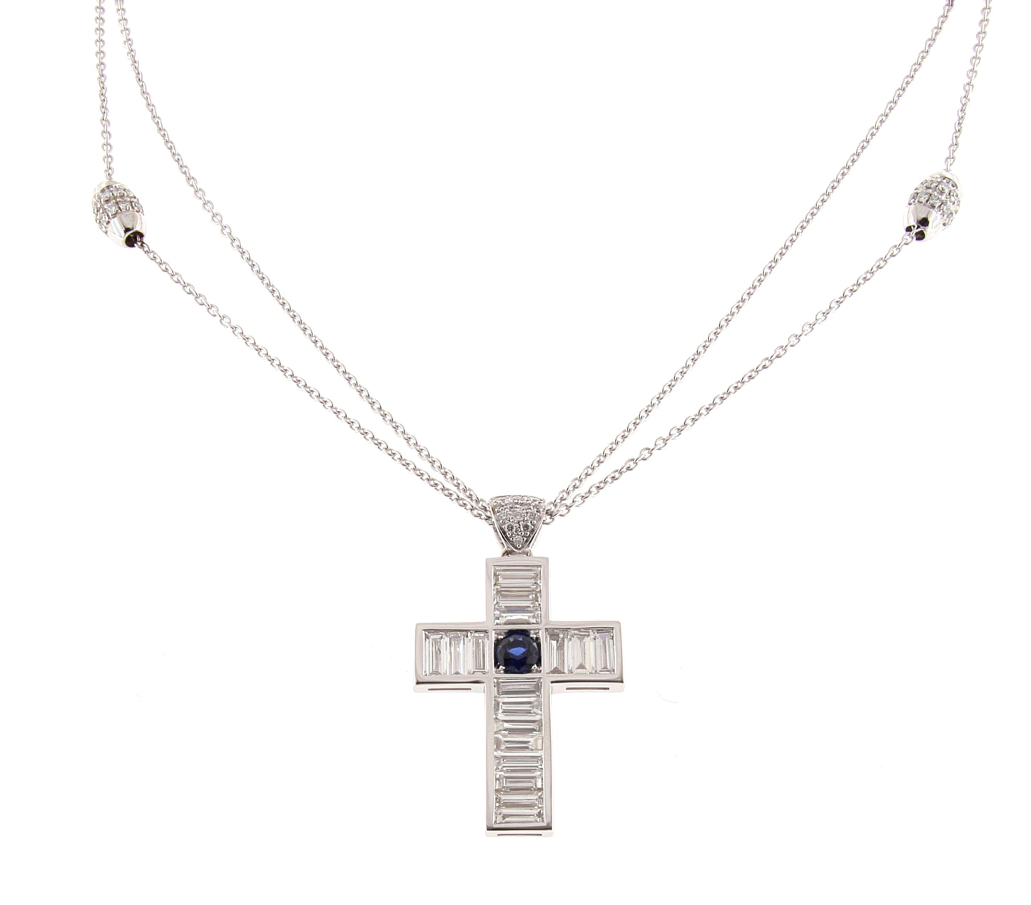 Rosario White Gold White Diamond Blue Sapphire Cross Pendant