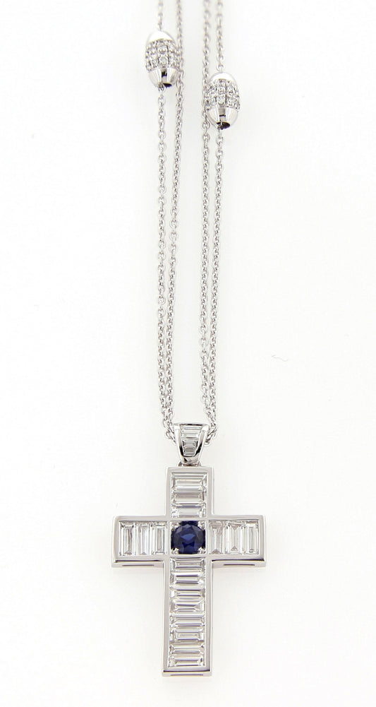 Rosario White Gold White Diamond Blue Sapphire Cross Pendant