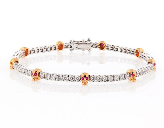 Teschio White Gold White Diamond Ruby Eye Skull Bracelet